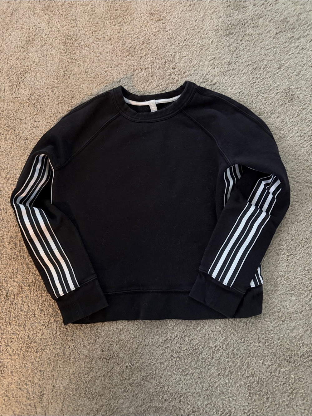 Athleta Black Crew Pullover with White Striped Sleeve Panels